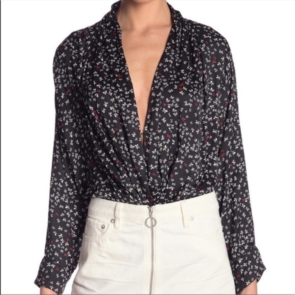 NWT Free people ladylike carbon combo floral black white long sleeve bodysuit M